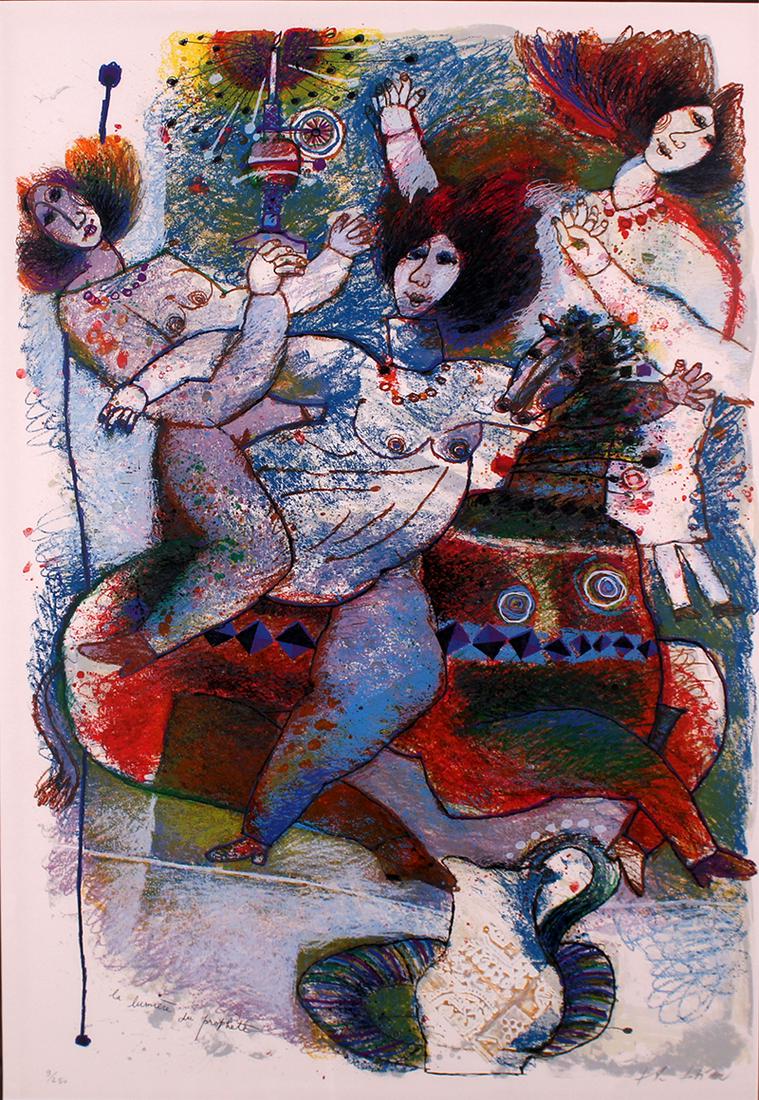 Theo Tobiasse (1927-2012) French/ Israeli: LA LUMIERE DU PROPHET from Femme Series, color lithograph with collaged intaglio, signed in pencil, numbered 9/250, sight 42 x 28 ¼”, frame 51 x 37”.