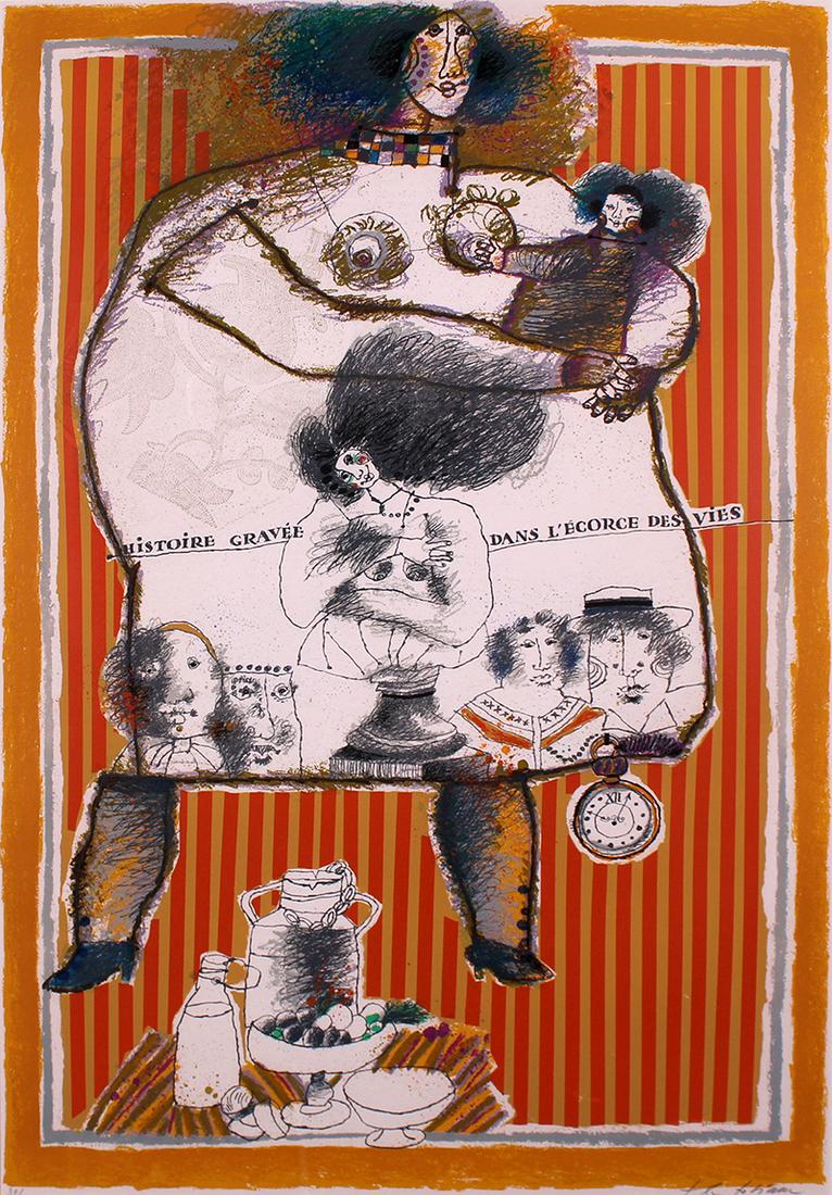 Theo Tobiasse (1927-2012) French/ Israeli: HISTOIRE GRAVEE DANS LE ENCORCE DES VIES, color lithograph with intaglio, signed in pencil, numbered 30/175, sight 41 x 28”, frame 49 ½ x 36”.
