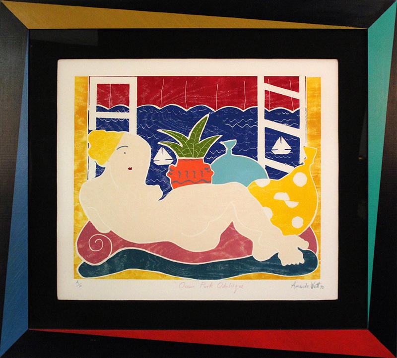 Amanda Watt (b. 1960) Irish California: OCEAN PARK ODALISQUE, 1990, color woodblock print, signed and titled and inscribed A/P (artistâ€™s proof) in colored pencils, image 40 ½ x 24 ¾”, with artistâ€™s painted 