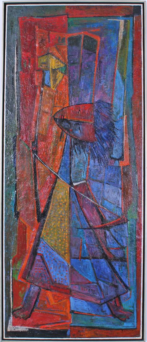 Angel Botello (1913-1986) Puerto Rican/ Spanish: GIRL WITH KITE, 1975, oil painting thin card artist mounted to wood panel, signed lower right and inscribed No 735 No 739 on verso, 59 ¾ x 24”, frame 61 x 25 ¼”. Provenance: Acqu