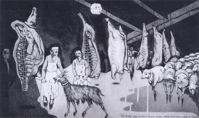 Sue Coe (b. 1951) British: JUDAS GOAT, 1990, aquatint and etching, signed and dated and inscribed 6 in pencil, green chicken stamp and Coe/Murray chop mark lower left, from the estimated edition of 100, image 9 ¾ x 16 