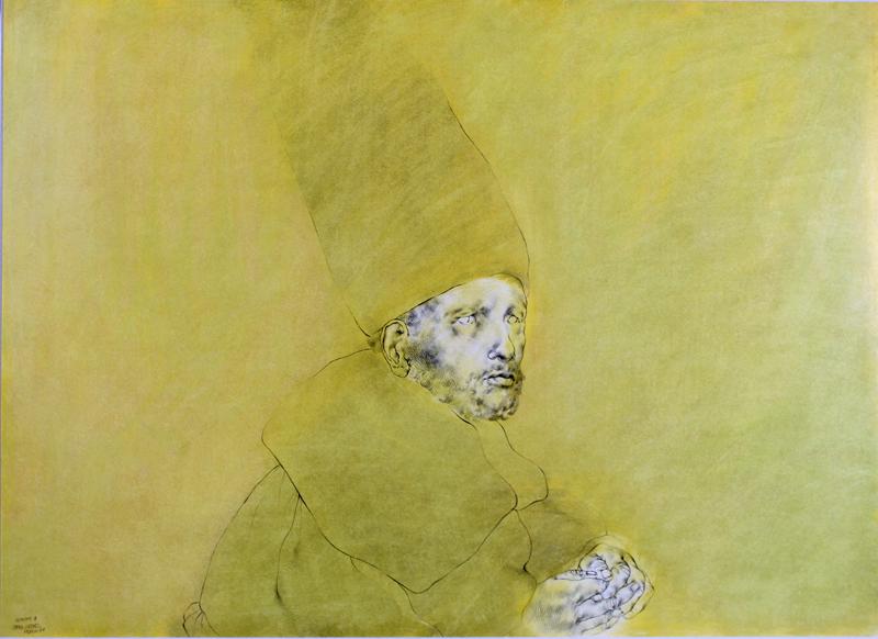 Rafael Coronel (1932-2019) Mexico: ANONIMO B MEXICO (Man with Hat), 1969, watercolor and drawing on illustration board, signed and dated and titled lower left, inscribed #737, 30 x 40", frame 35 ¾ x 45 ¾Â” with glass.