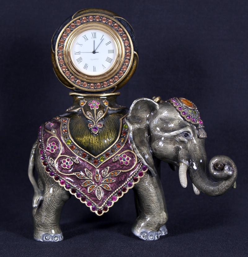 Decorative Arts: Jay Strongwater design: CLEOPATRA ELEPHANT CLOCK, enamel and decorated metal with Swarovski crystals, hallmarked, 6” tall.