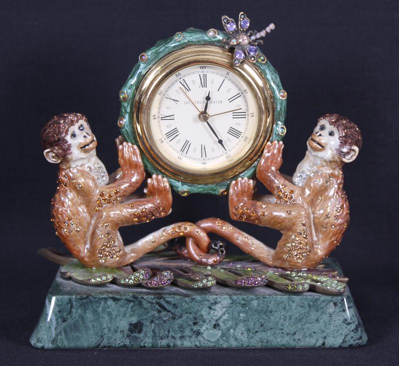 Decorative Arts: Jay Strongwater design: MONKEY CLOCK, enamel and decorated metal, hallmarked, 5 ½ x 6 x 3 ½”.