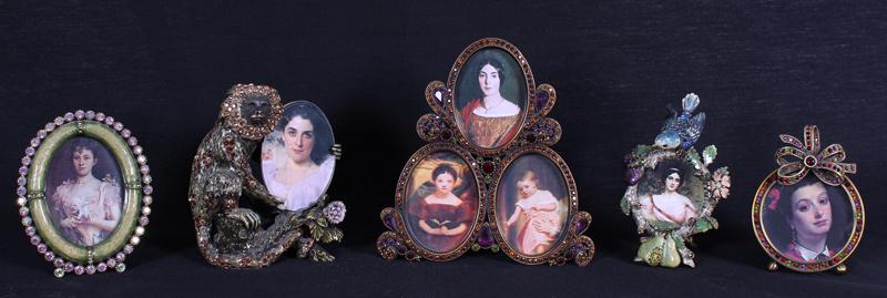 Decorative Arts: Jay Strongwater design (five): PICTURE FRAMES, five enamel and decorated metal picture frames, each hallmarked, sizes from 5” to 3 ¼” tall. (5)