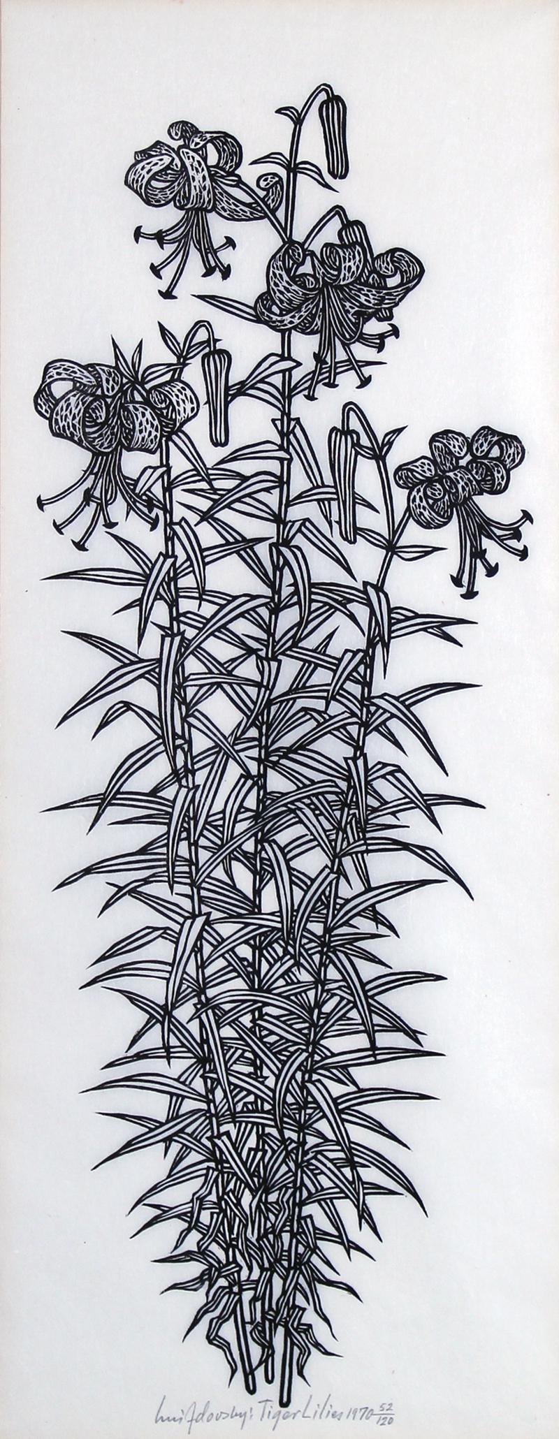 Jacques Hnizdovsky (1915-1985) Ukrainian/ American: TIGER LILIES, 1970, woodcut, signed in pencil, numbered 52/120, published by Associated American Artists with their label on frame verso, sight 23 x 8 ¾”, frame 30 x 16” with glass.