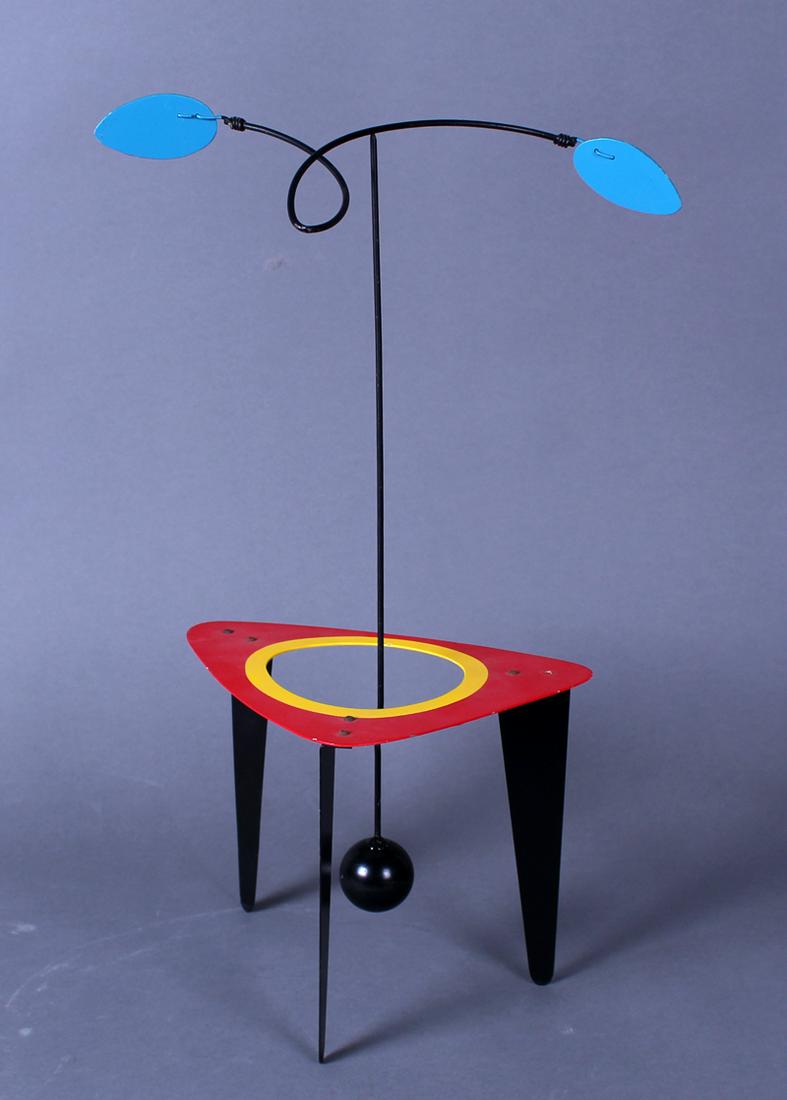 Brad Howe (b. 1959) California: TRIPOD STAND WITH BALANCING BLUE RIBBON, cut and painted metal sculpture, signed underneath, 18 ½ x 9 x 7”. Acquired directly from artist by current owner.
