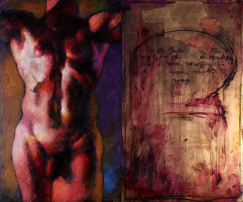 Jim Morphesis (b. 1948) Californian: ORACLE, 1993, oil painting with charcoal and collage and gold leaf on two adjoined wood panels, signed lower center and on verso, overall 30 x 36”.