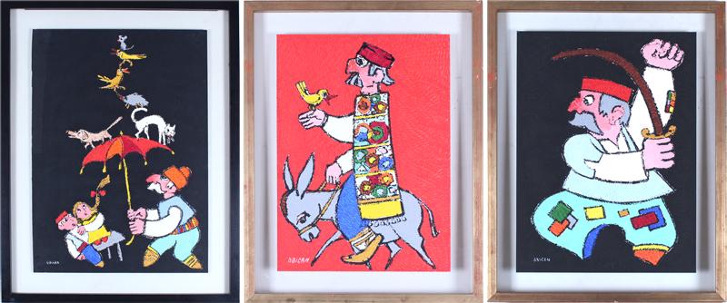 Jovan Obican (1918-1986) Yugoslavian/ French (three): VARIOUS, three acrylic paintings on paper, each signed, sheets 28 x 19 ¾”, 20 ¼ x 14 ¾” & 19 ¾ x 14”, double glass frames 35 x 27”, 25 ¼ x 19 ¾