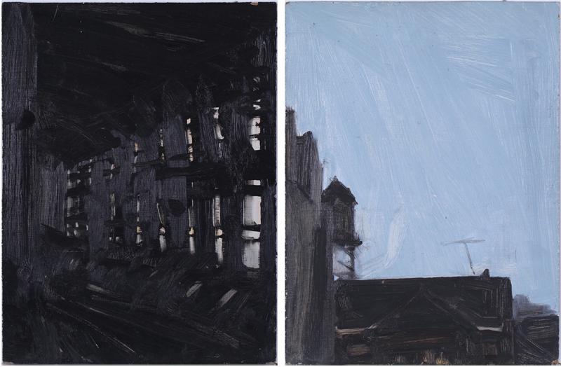 Gustavo Ojeda (1958-1989) American (two): TRACKS; UNTITLED, 1984, two oil paintings on Masonite, each signed on verso, one dated, each 12 x 9”. Provenance: Michael Kohn Gallery, Los Angeles. (2)