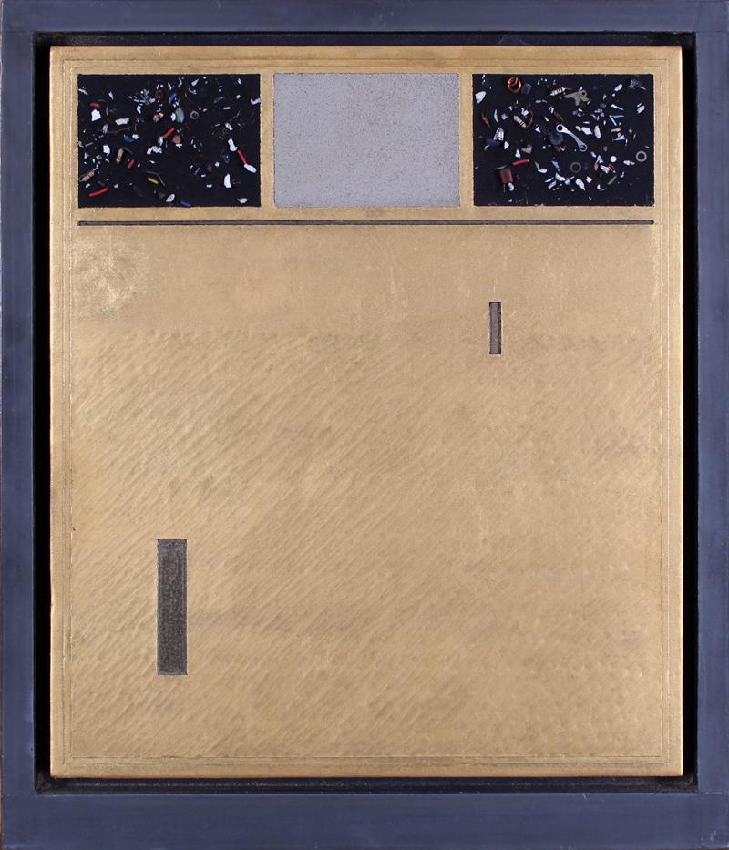 Eric Orr (1939-1998) American: RADIO PLAY, 1989, mixed media with gold leaf and collage on panel, in artist’s led frame, signed and titled and dated on verso, overall 15 ½ x 13” with frame.