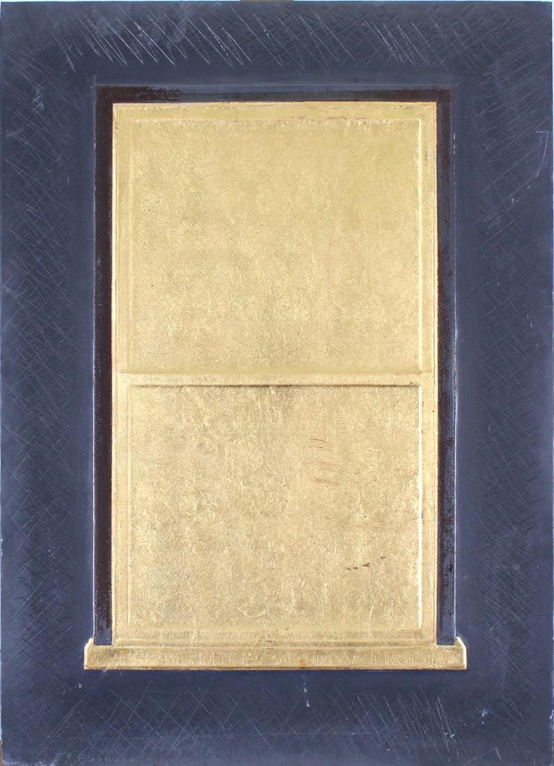 Eric Orr (1939-1998) American: BLIND WINDOW, 1984, lead and gold leaf on sculptural panel, signed and dated lower right, titled lower left, signed and dated and titled on verso, 24 x 17”.