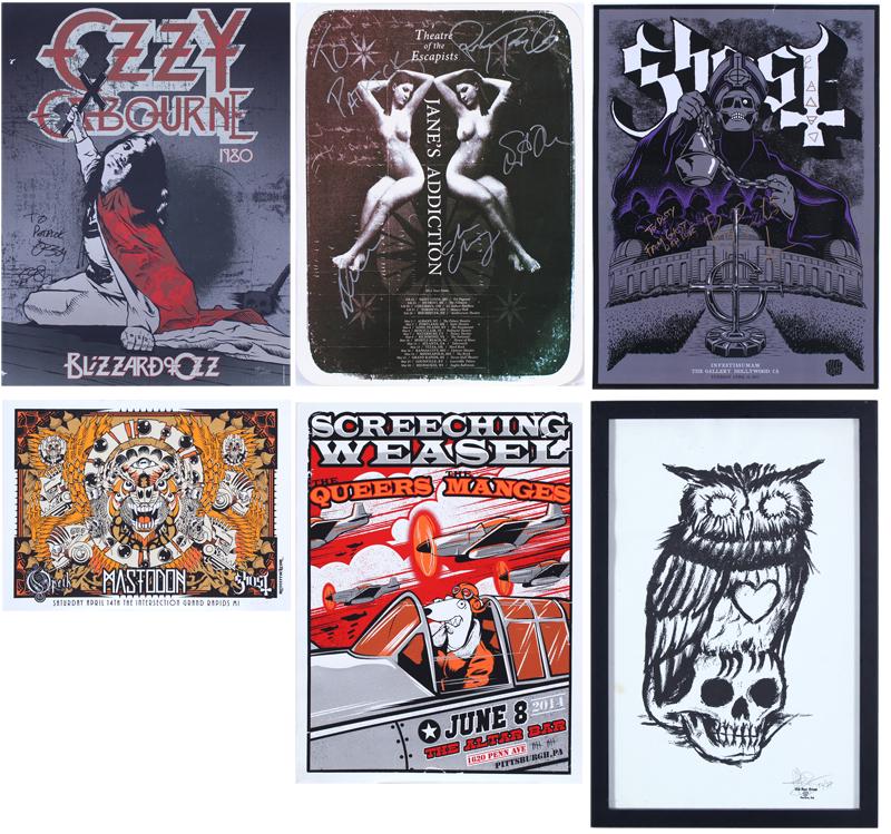 Rock N’ Roll Poster Collection (six): OZZY OSBOURNE 1980; JANE’S ADDICTION 2012; GHOST 2013; MASTADON; SCREECHING WEASEL 2014, five color screenprint posters, first three autographed in ink by Ozzy Osborne & Perry Farrell & Ghost, t