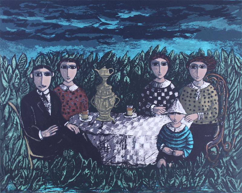 Yosl Bergner (b. 1920-2017) Austrian/ Polish: TEA PARTY, color screenprint, signed in pencil and inscribed CXXIX/CCL (129/250), sheet 19 ¾ x 27 ½”. Gallery Retail $325