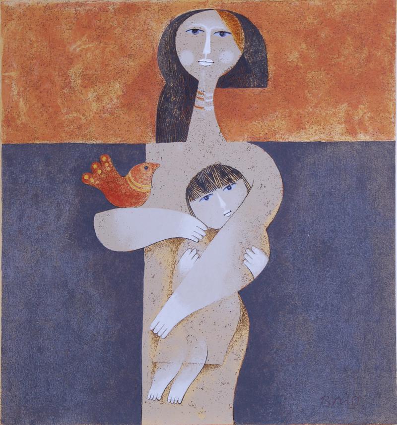 Sami Briss (b. 1930) Romanian: LE MERE, LA FILLET ET L’OISEAU, color screenprint, signed in pencil and inscribed XXVI/CL (26/150), sheet 13 x 12 ¼”. Gallery Retail $225