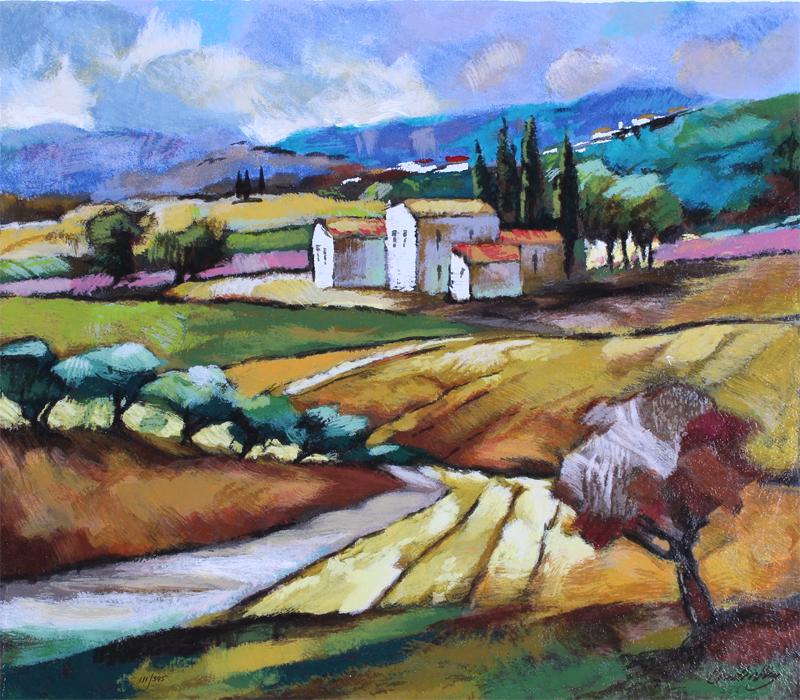 Slava Brodinsky (b. 1955) Russia: TUSCAN LANDSCAPE, thickly printed color screenprint, signed and numbered 111/395 in ink, sheet 21 x 23 ¾”. Gallery Retail $350