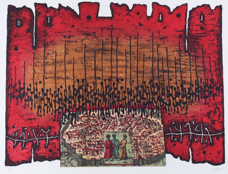 Moshe Castel (1909-1991) Israel: SANHEDRIN, carborundum gravure etching, signed in pencil, numbered 109/150, sheet 29 ½ x 41 ½”. Gallery Retail $1800