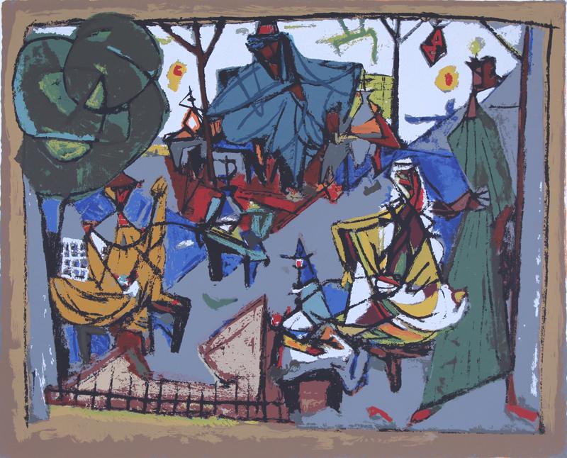 Marcel Janco (1895-1984) Romania/ Israel: ARAB CAFÉ, color screenprint, signed in pencil and inscribed epreuve de artiste (artist’s proof) in pencil, Mambus Ein Hod Israel blind stamp lower right. sheet 20 ½ x 29 ½”