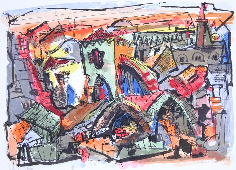 Marcel Janco (1895-1984) Romania/ Israel: JAFFA, 1949?, color screenprint, signed in pencil, numbered 55/150, sheet 20 ¾ x 29 ½”. Gallery Retail $600