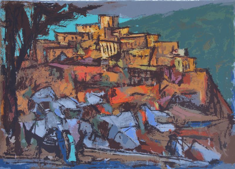 Marcel Janco (1895-1984) Romania/ Israel: EIN HOD, color screenprint, signed in pencil and inscribed epreuve de artiste (artist’s proof) in pencil, Mambus Ein Hod Israel blind stamp lower right. sheet 25 ¼ x 32 ¼”. Galle