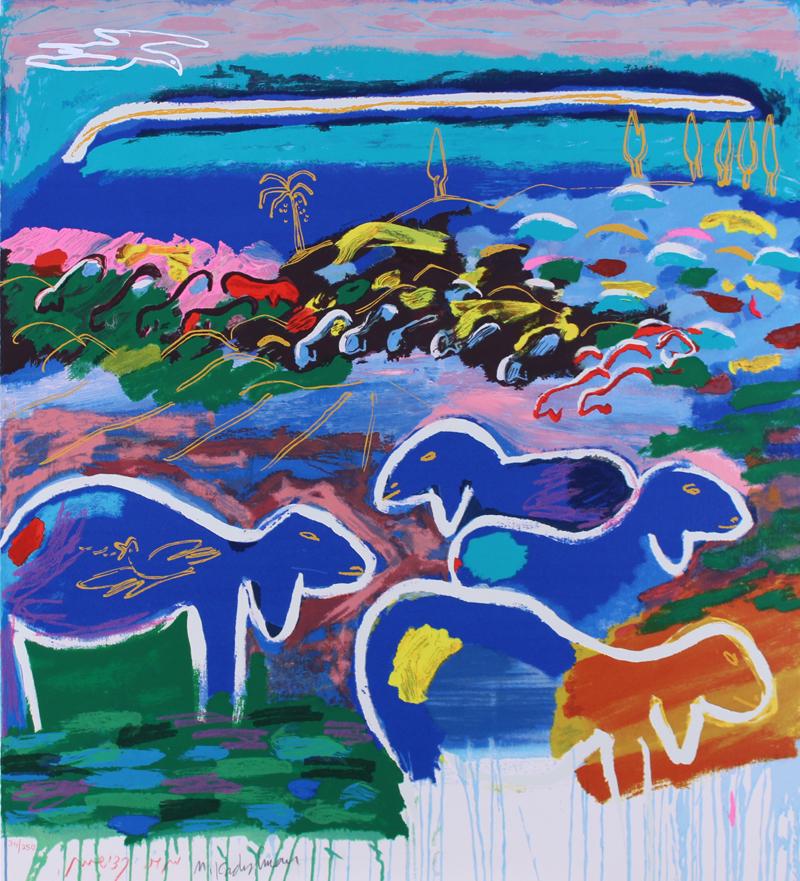Menashe Kadishman (1932-2015) Israel: FOUR SHEEP, color screenprint, signed and numbered 34/250 in red pencil, blind stamp lower right, image 30 x 27 ½”, sheet 31 ¾ x 29”. Gallery Retail $450