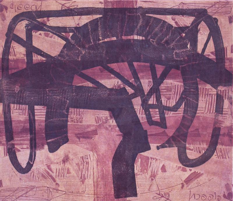 Moshe Kupferman (1926-2003) Israeli: UNTITLED (Burgundy), 1996, color etching, signed in pencil, numbered 9/12, image 13 ¾ x 15 ¾”, sheet 26 x 19 ½”. Gallery Retail $400