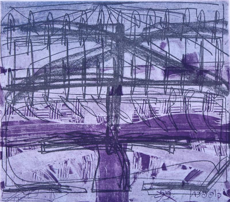 Moshe Kupferman (1926-2003) Poland/ Israel: UNTITLED PURPLE, 1995, color aquatint etching, signed in pencil, numbered 34/40, image 13 ½ x 15 ½”, sheet 29 ½ x 22”. Gallery Retail $400
