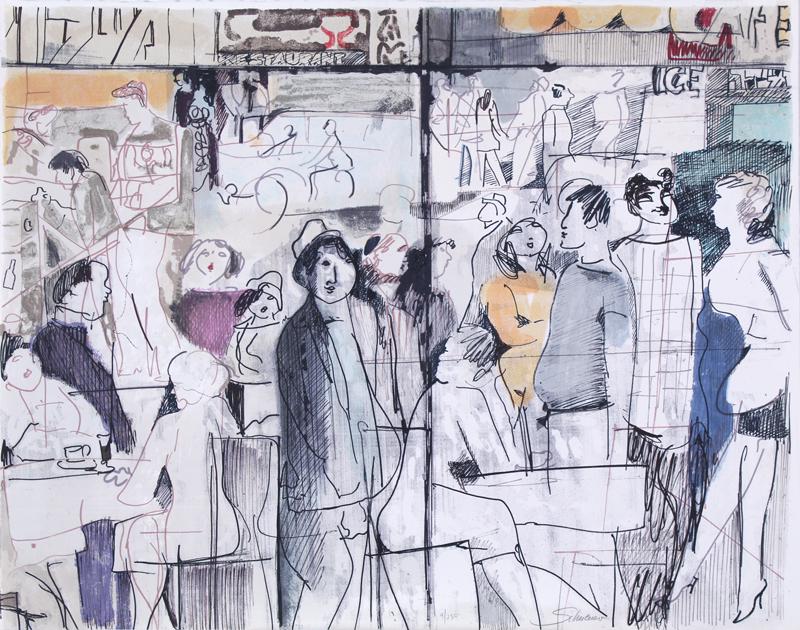 David Schneuer (1905-1988) Israel: STREET CAFE, color screenprint, signed in pencil, numbered 9/250, sheet 20 ½ x 26”. Gallery Retail $2200