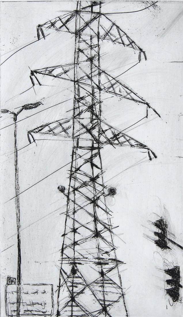 Alina Speshilov (b. 1973) Israel: ELECTRICITY POLES #3, 2005, etching, signed in pencil, numbered 8/12, Jerusalem Print Workshop blind stamp lower right, sheet 15 x 11 ¼”. Gallery Retail $450