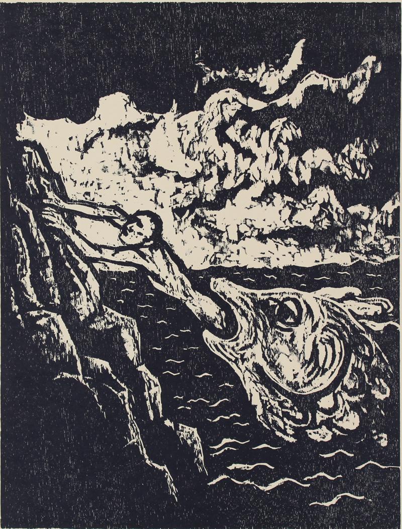 Jacob Steinhardt (1887-1968) German: JONAH AND THE WHALE, woodcut on buff paper, signed in pencil, numbered 26/100, sheet 19 x 13 ½”. Gallery Retail $675