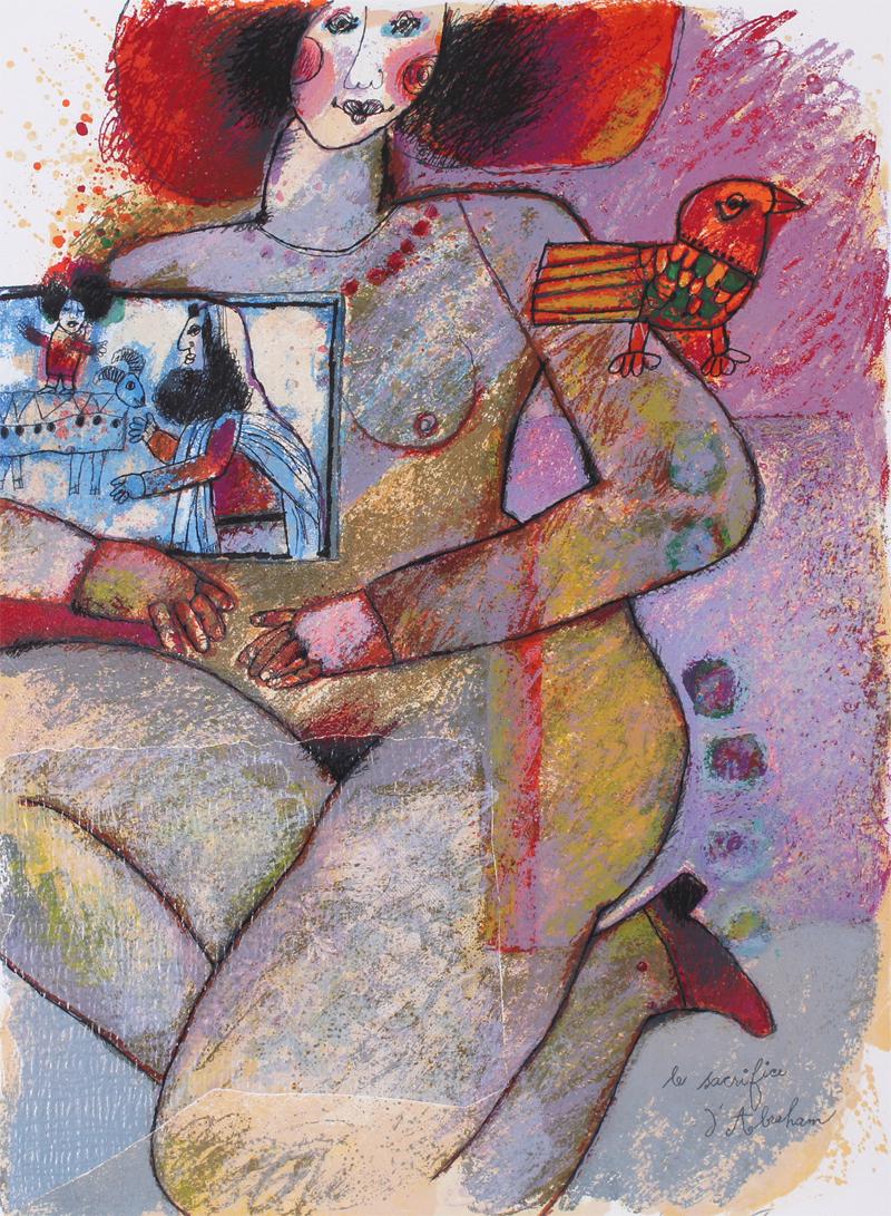 Theo Tobiasse (1927-2012) French/ Israeli: THE SACRIFICE OF ABRAHAM, color lithograph with collage, signed in pencil, numbered 143/175, sheet 30 x 22 ½”. Gallery Retail $1800