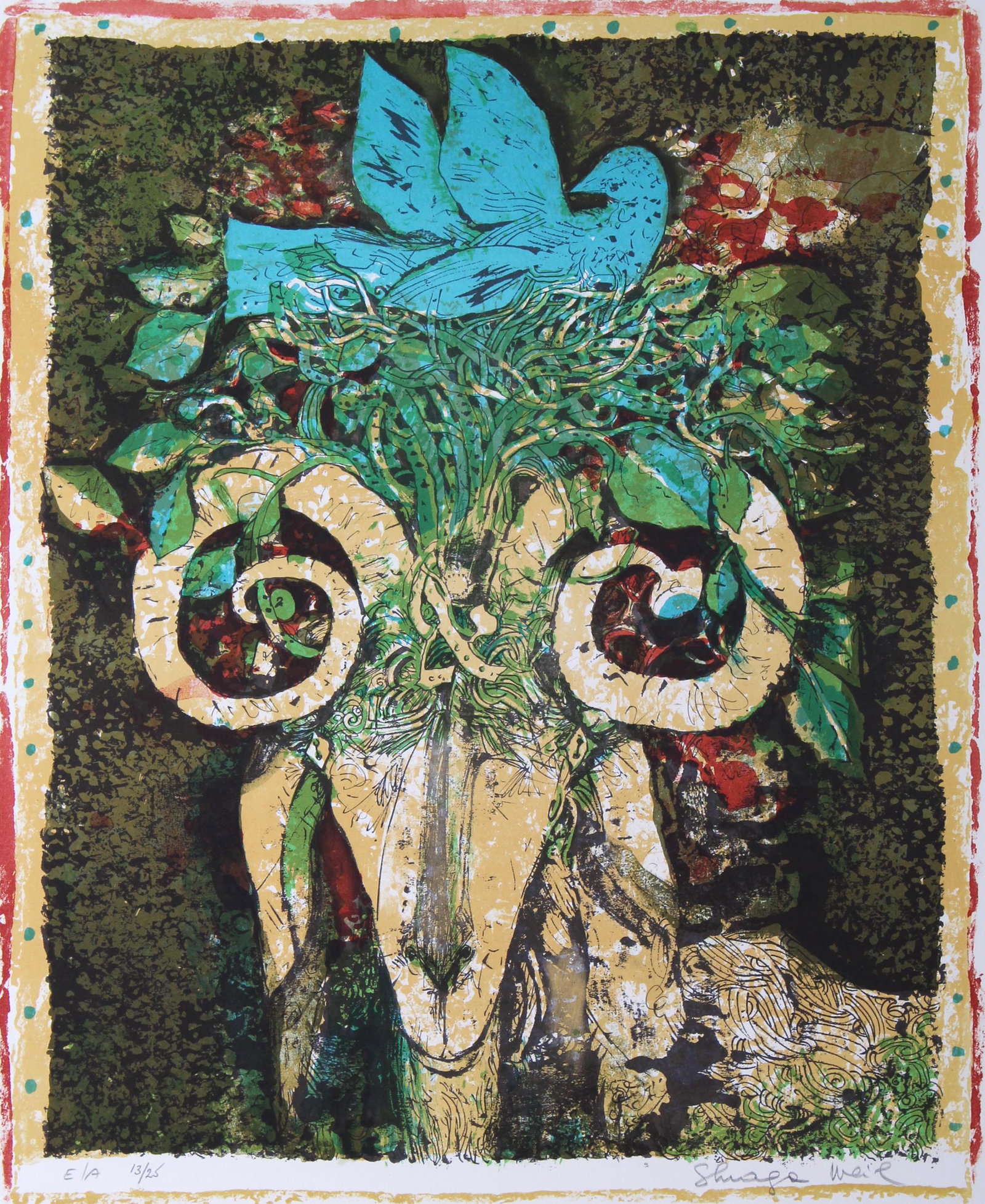 Shraga Weil (1918-2009) Czechoslovakia: THE RAM, color screenprint, signed in pencil and inscribed EA 13/25 (epreuve de artiste) (artist’s proof), sheet 27 ½ x 19 ½”. Gallery Retail $400