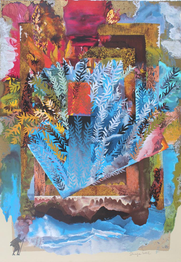 Shraga Weil (1918-2009) Czechoslovakia: BURNING BUSH, color screenprint, signed in pencil, numbered 34/400, image 39 ½ x 27 ½”, sheet 41 ¾ x 29 ½”. Gallery Retail $600