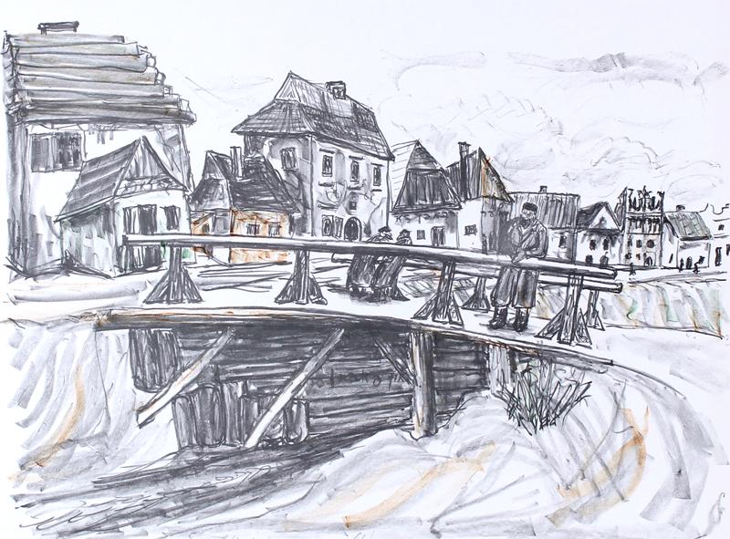 Samuel Wodnitzky (1895-1980) Poland/ Israel: BRIDGE OF KUZMIR, color lithograph, signed in pencil, numbered 66/200, sheet 19 ½ x 27 ¼”. Gallery Retail $250