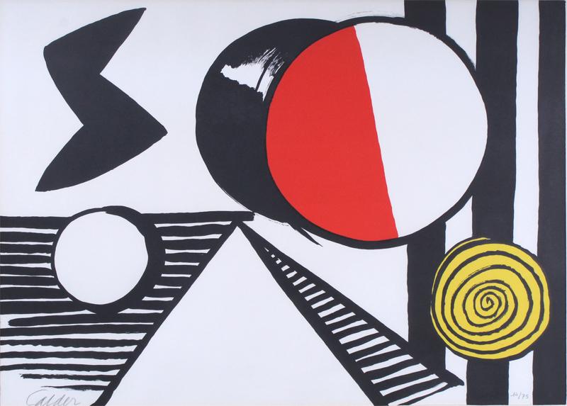 Alexander Calder (1898-1976) American: LE S ET LE O (Maeght Catalogue #1, page 40), 1969, color lithograph, signed in pencil, numbered 14/75, printed by Mourlot, published by Maeght, sight 21 x 28 ¾”, frame 26 ¼ x 34” with glass.