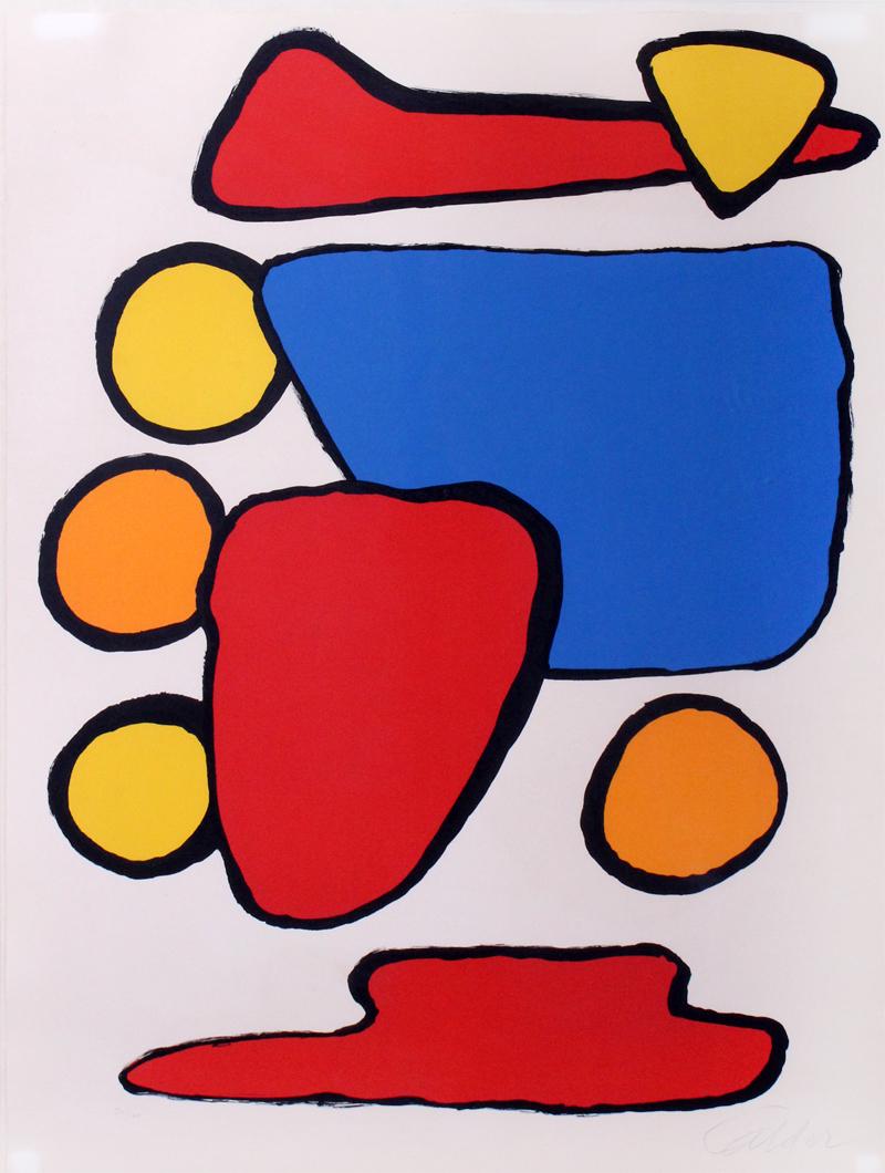 Alexander Calder (1898-1976) American: STONE AGE, 1969, color lithograph, signed in pencil, numbered 54/100, sheet 30 ½ x 23”, frame 37 ½ x 25 ½” with cracked glass.