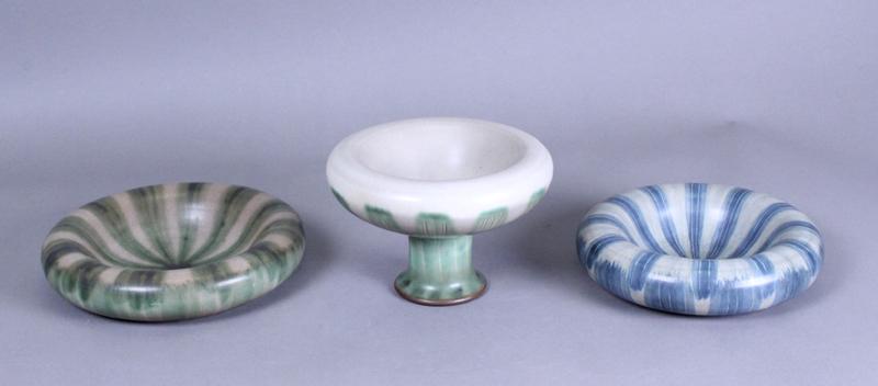 Rupert Deese (1924-2010) California (three): UNTITLED, three polychrome ceramics, all with artistÂ’s stamp underneath, 5 ½ x 8 ½Â” diameter, 2 x 9Â” & 2 x 8 ½Â”. (3)