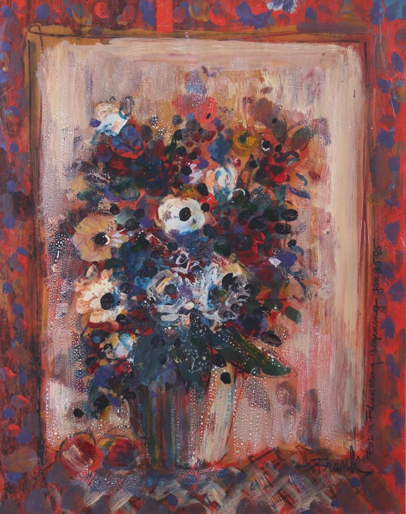 Harold Frank (1917-1995) New York/ California: FLOWERING BEGINNING, 1985, acrylic painting on paper, signed and titled and dated lower right, sight 17 ½ x 13 ¾”, frame 25 ½ x 21 ½” with glass.