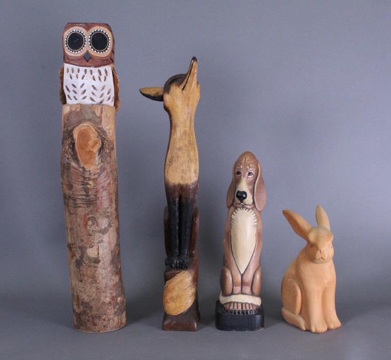 Thomas Frelinghuysen & Sculptors Unidentified (four): OWL, FOX, DOG, BUNNY, four carved wood sculptures, three painted in colors, Dog stamped Frelinghuysen, Fox signed JD Gessford, heights from 31” to 12” tall. (4)