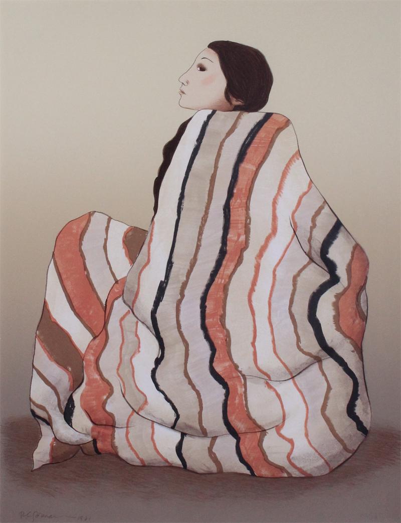R. C. Gorman (1931-2005) Native American: STRIPED BLANKET (A.p.182), 1981, first state, color lithograph, signed in pencil, numbered 95/250, artist and Houston Publishers blind stamps, sheet 30 x 22 ½”, frame 42 x 34”.