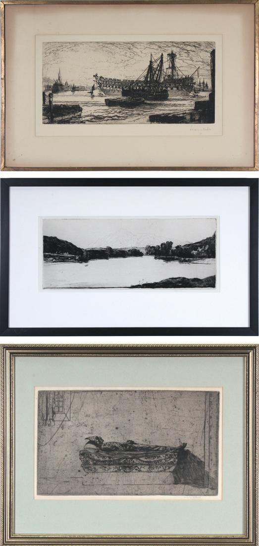 Seymour Haden, Sir David Young Cameron & Charles: Seymour Haden (1818-1910) British BREAKING UP OF THE AGAMEMNON (S.133), 1870, etching, signed in pencil, image 7 ¾ x 16 ¼”, full margins, aged frame 16 ¼ x 24 ½” with glass; Sir David Young Ca