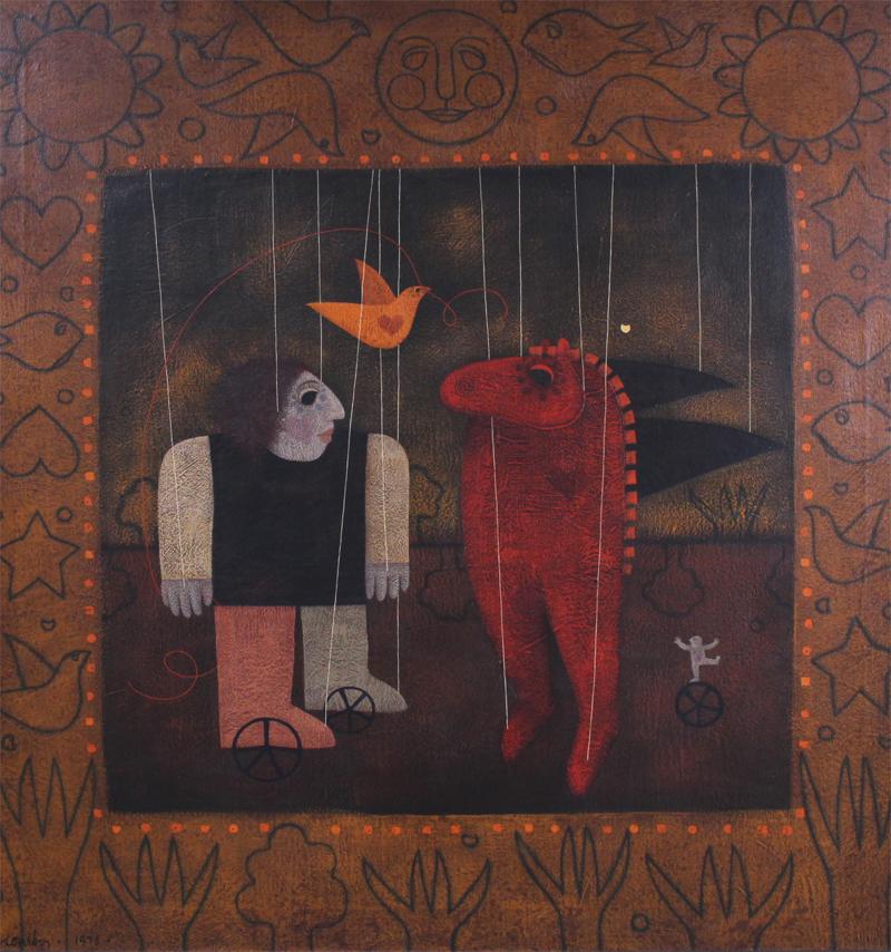 Carol Jablonsky (1932-1992) American: PUPPETS, 1975, oil painting on canvas, signed and dated lower left, 34 x 32”, frame 35 x 33”.