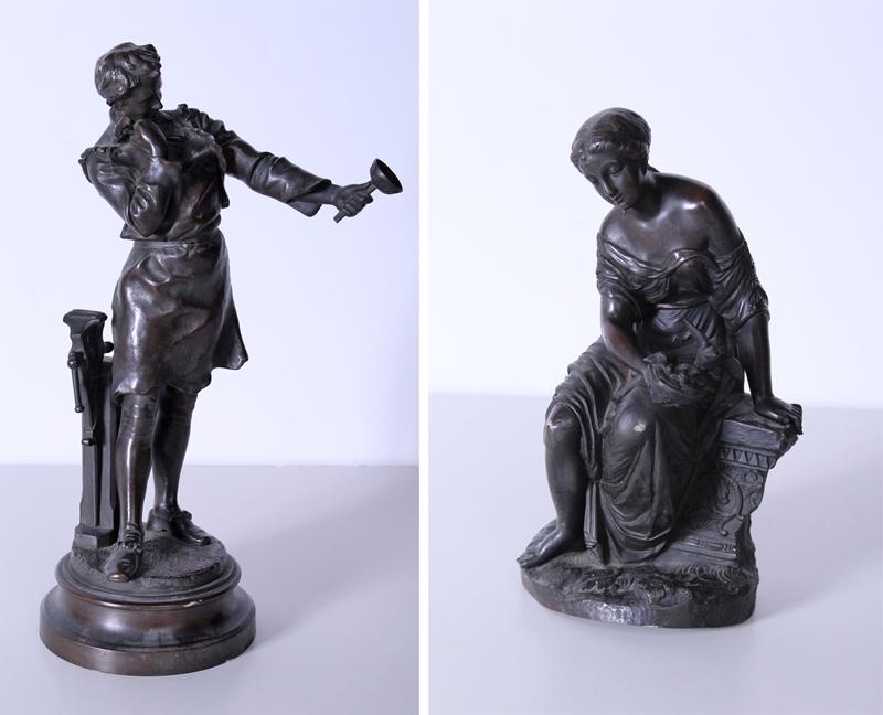 Henryk Kossowski (1855-1921) Poland & T. Griel (two): Henryk Kossowski L’ARMURIER, cast bronze sculpture with dark brown patina, signed, with Siot Decauville Foundry stamp, 13” tall; T. Griel SEATED WOMAN, multi-piece cast bronze sculpture with dark 