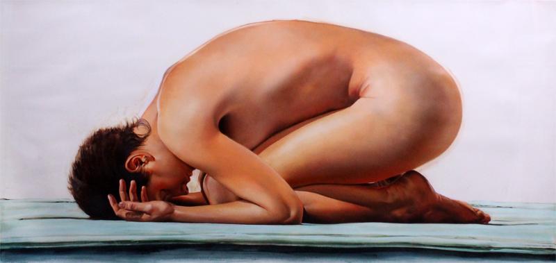 John Nava (b. 1947) Californian: CURLED POSE: NANCY, 1992, oil painting on paper, signed lower center, 37 ½ x 83 ½”, frame 43 x 89”. Provenance: Koplin Gallery, Santa Monica.
