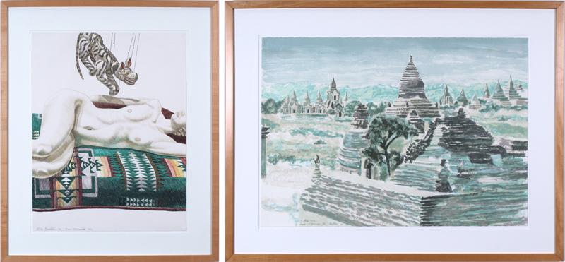 Philip Pearlstein (b. 1924) New York (two): TIGER MARIONETTE, 1995; BAGAN, MYRANMAR, 1997, two color lithographs, each signed in pencil, numbered 39/50 & 4/31, sheets 18 ¾ x 20 ¼” & 20 ¾ x 29”, frames 31 ½ x 26 ½” & 28 ¾ x 36 ¾”,