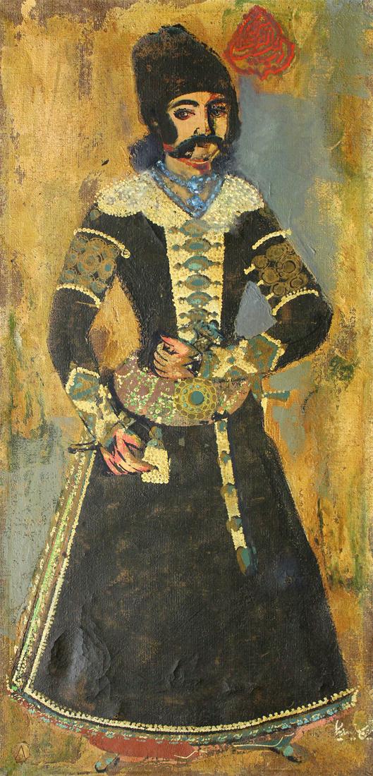 Persian Artist Unidentified (19th/20th Century): STANDING MAN, oil painting on burlap, inscribed or signed lower right, with seal lower left, 60 ¼ x 29 ½”, liner 61 ¾ x 31 ¼”.