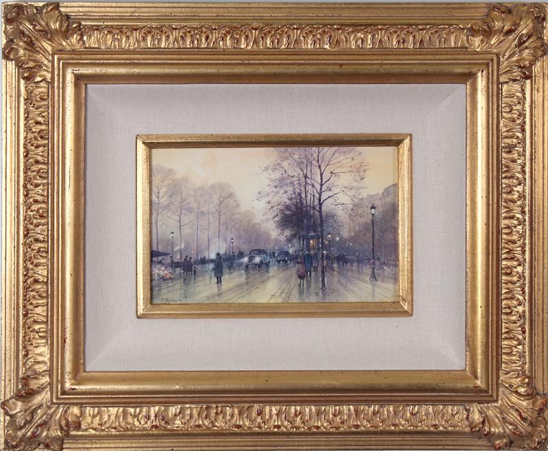 Paul Renard (1941-1997) French: RAINY DAY IN PARIS, watercolor on paper, signed lower left, sight 6 ¾ x 10 ½”, frame 19 ½ x 23 ½ x 2 ½”.