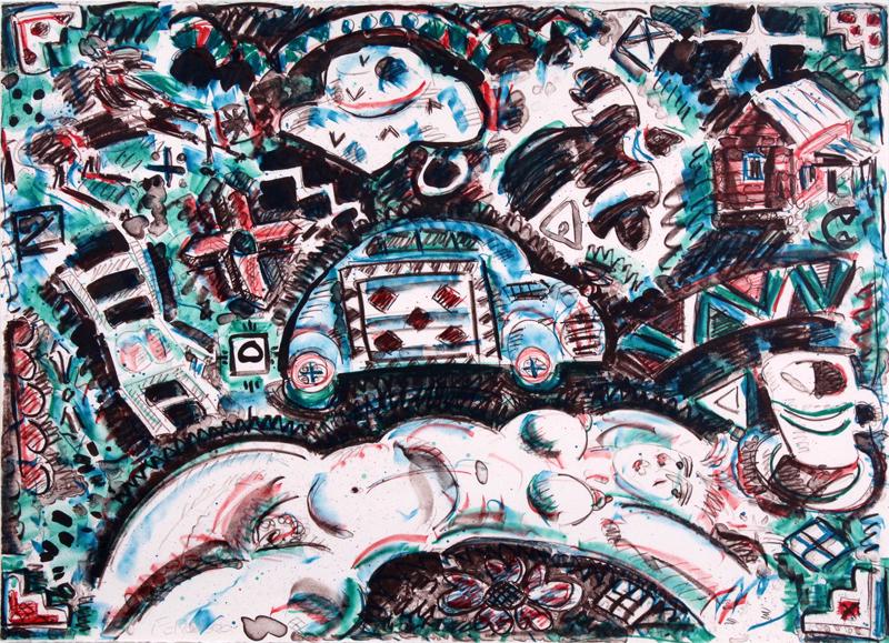 Frank Romero (b. 1941) Californian: TIERRA BLANCA, 1988, color lithograph, signed in pencil, a proof aside from the edition of 22, Tamarind Institute and artist’s blind stamps lower left, sheet 22 x 30”, frame 25 ½ x 33” with gla