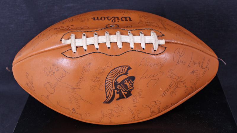 Sports memorabilia: USC Football: Team autographed Wilson football, circa 1972, players including Clay Matthews Jr., Anthony Davis, Danny Reese, Dale Mitchell, Rob Adolf, Ken Gray, Alan Carter, Charles Phillips, Mike Smith, Marvin Cob
