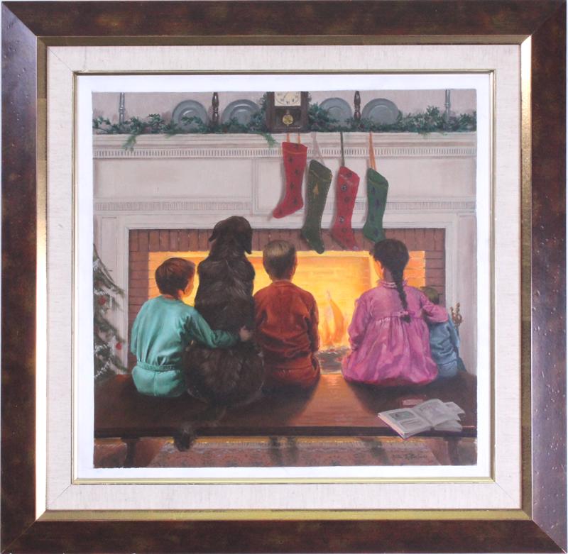 Alton Tobey (1914-2005) American: CHRISTMAS EVE, oil painting on board, signed lower right, image 20 x 20”, frame 30 x 30”.